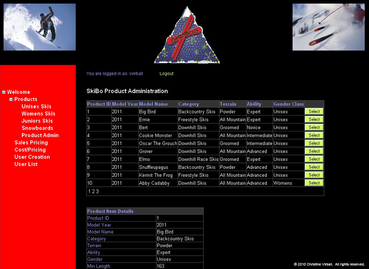 Image of SkiBo's website Product Administration page (top).
