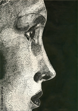 Image of woman's profile created in pen and ink medium
